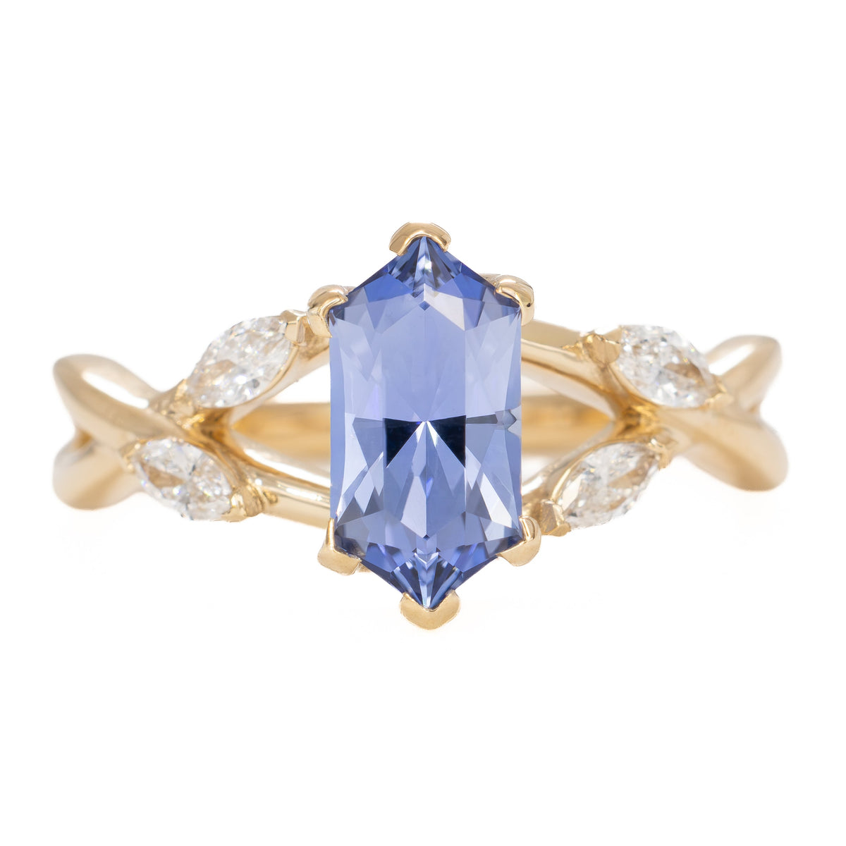 avani nature inspired ring in yellow gold with periwinkle blue lab sapphire dutch marquise
