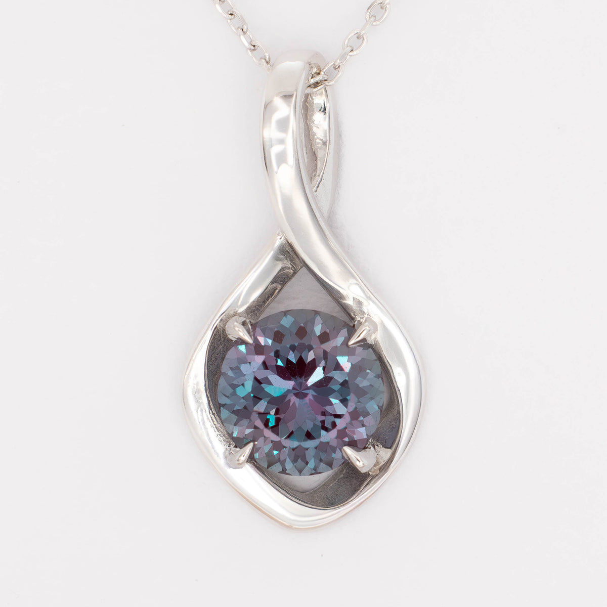 avery infinity necklace in white gold with round lab alexandrite