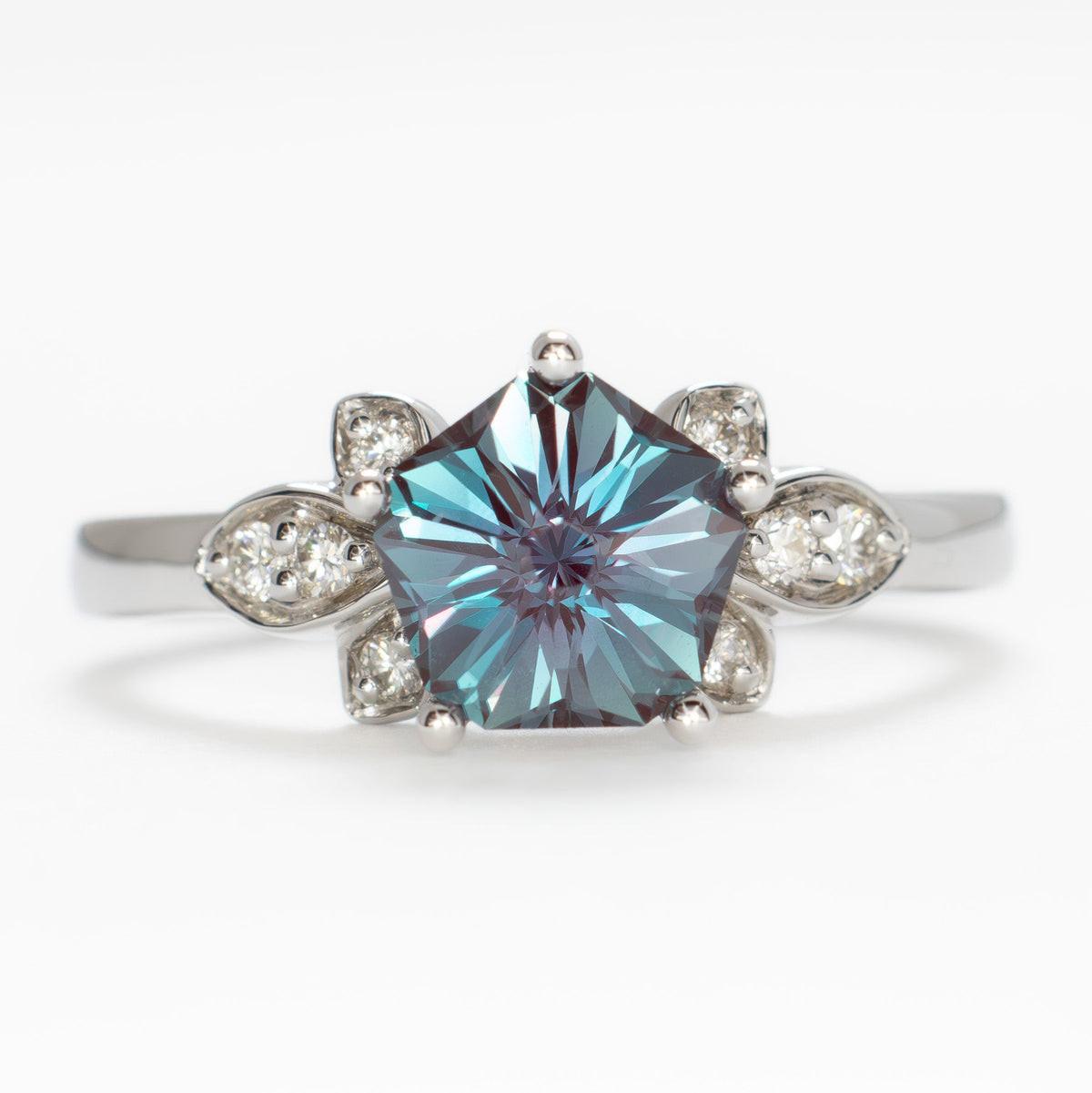 azalea nature inspired engagement ring in white gold with hanami flower lab alexandrite