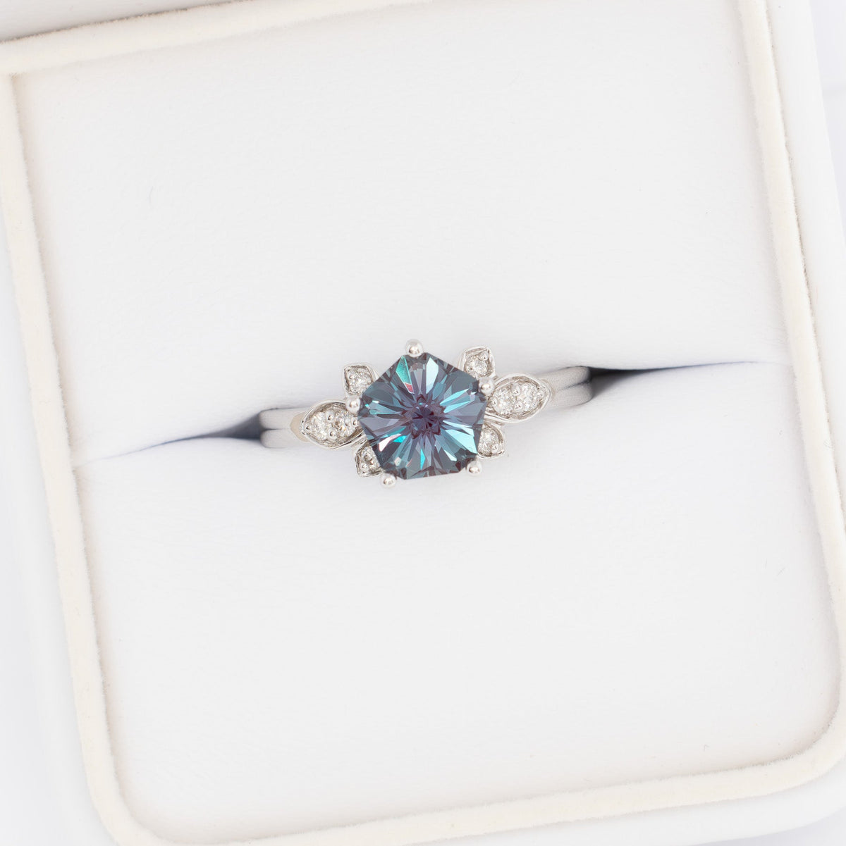 azalea nature inspired engagement ring in white gold with hanami flower lab alexandrite
