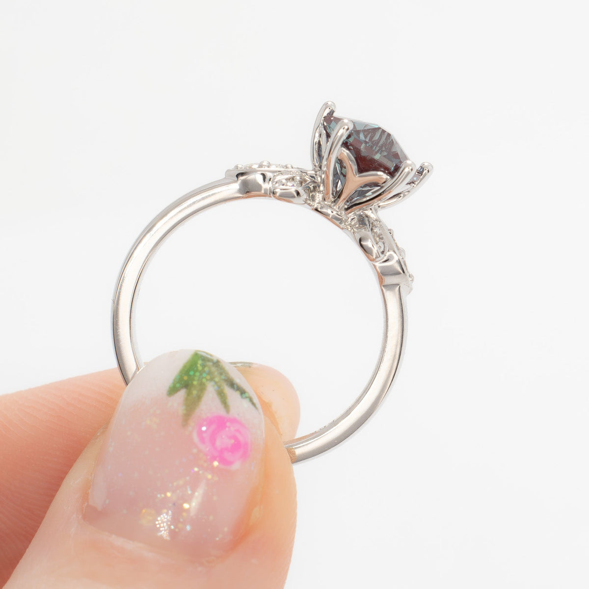 azalea nature inspired engagement ring in white gold with hanami flower lab alexandrite