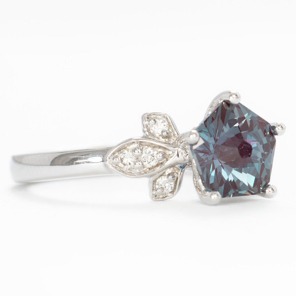 azalea nature inspired engagement ring in white gold with hanami flower lab alexandrite