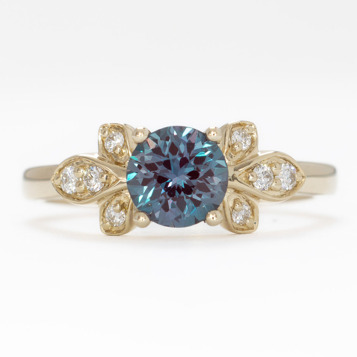 azalea nature inspired ring in yellow gold with round lab alexandrite