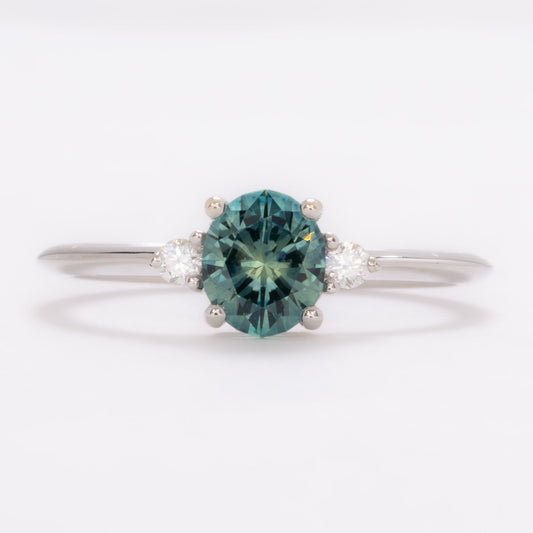 britt three stone engagement ring with oval montana sapphire