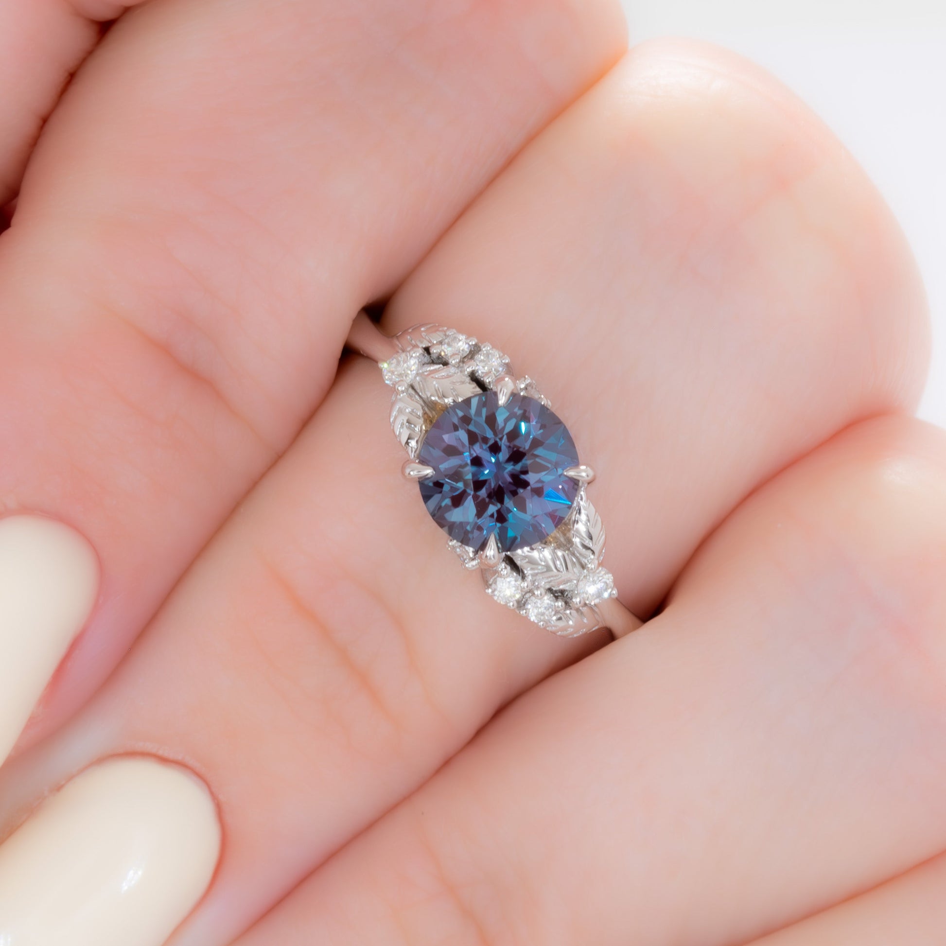 calida nature inspired engagement ring with round lab alexandrite