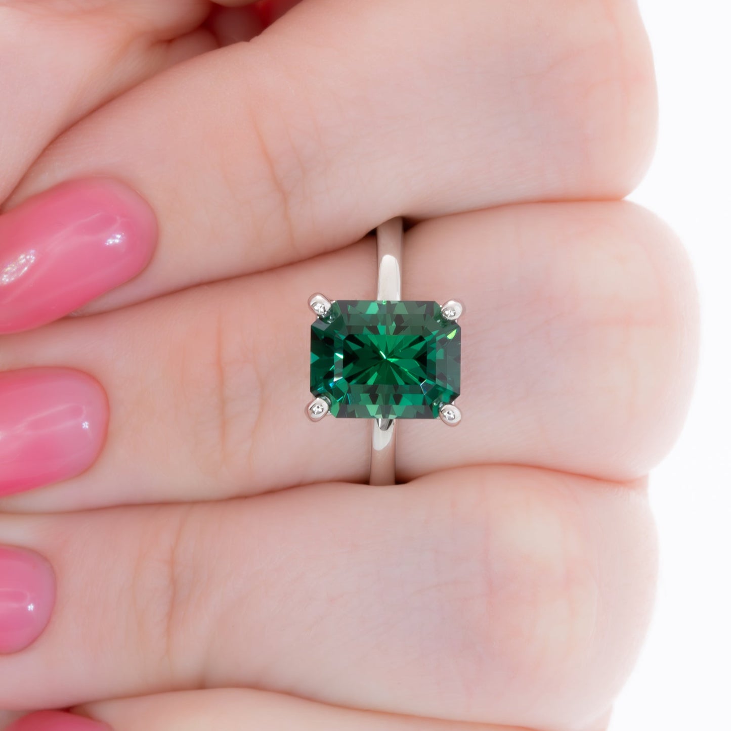 cali solitaire ring with radiant green lab sapphire