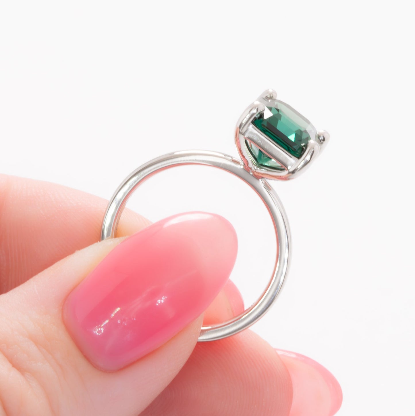 cali solitaire ring with radiant green lab sapphire