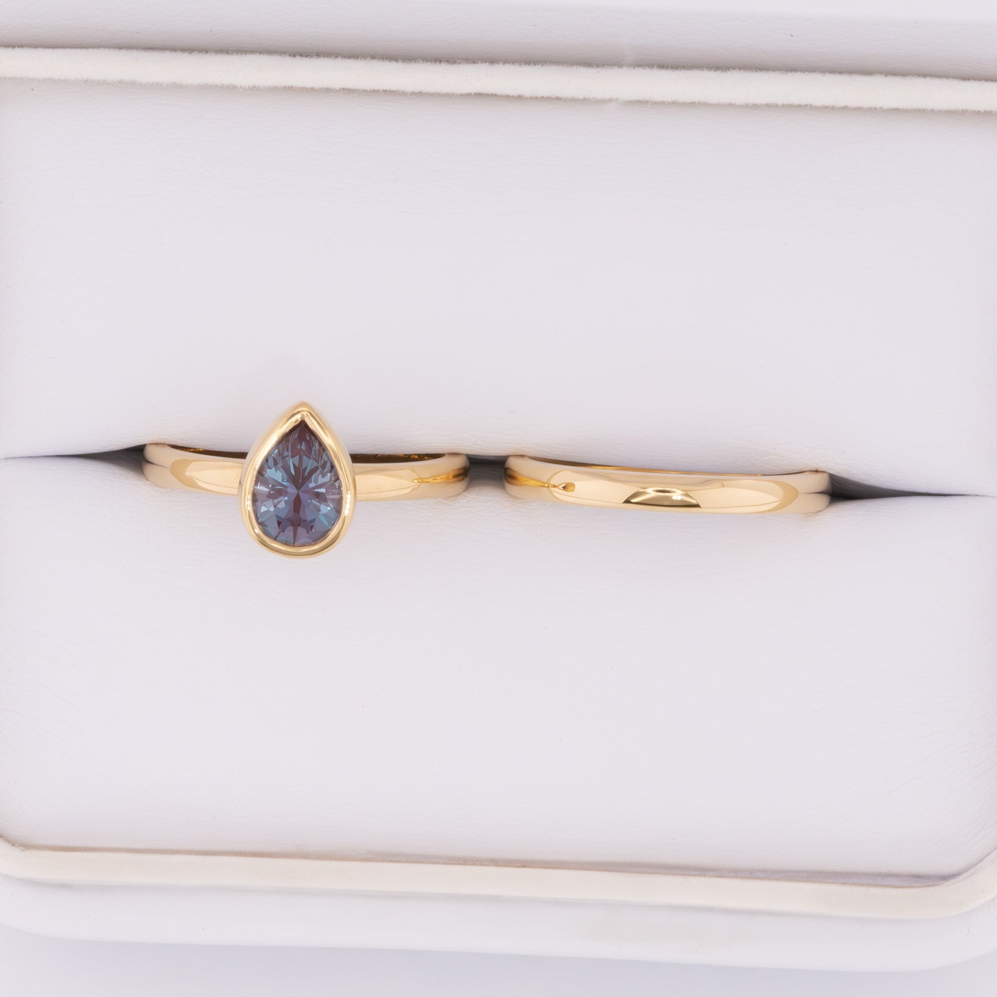 cami wedding set with bezel set pear lab alexandrite