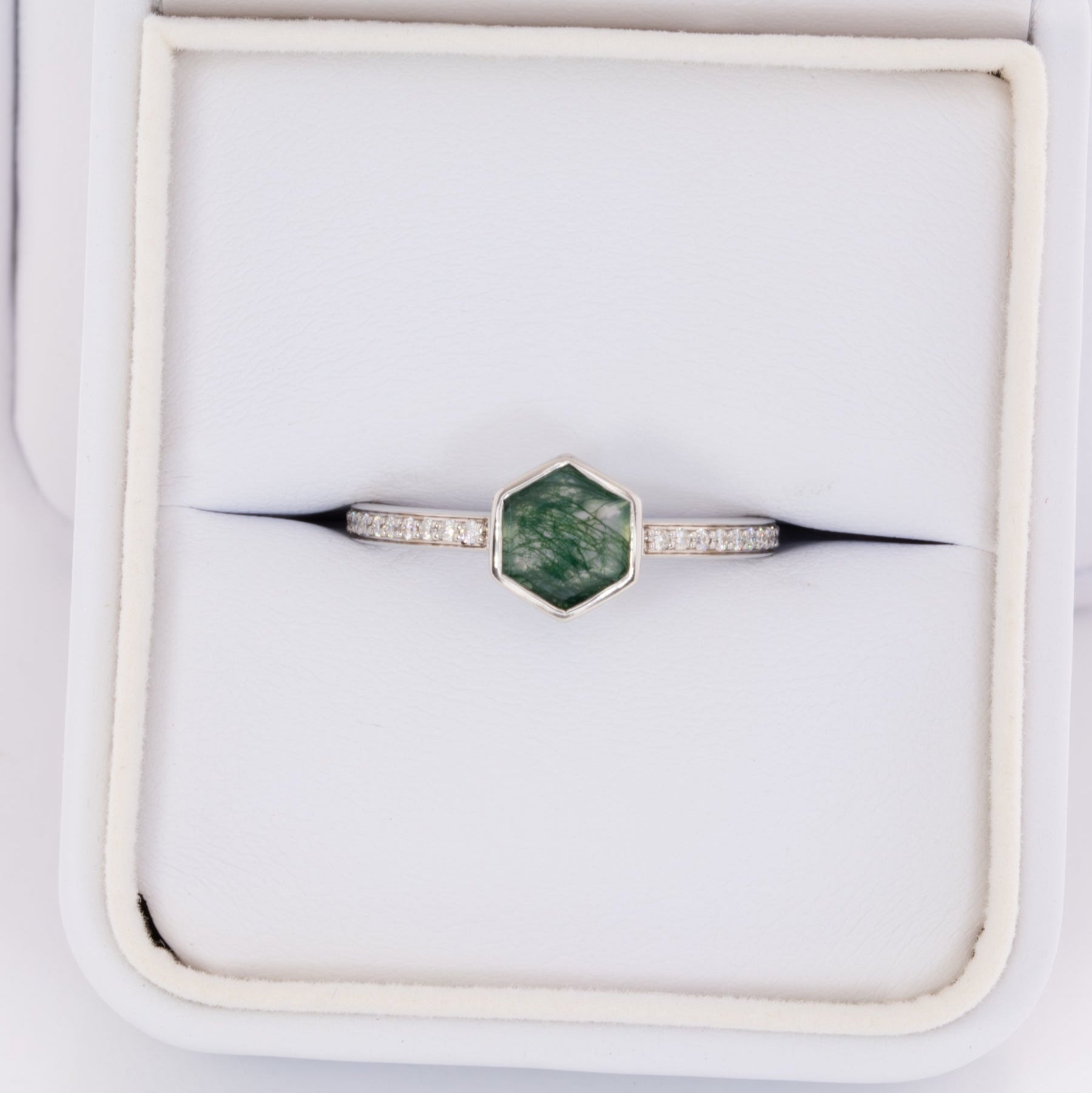 carol bezel set accented engagement ring with hex cut moss agate