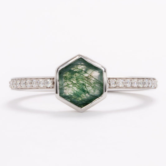 carol bezel set accented engagement ring with hex cut moss agate