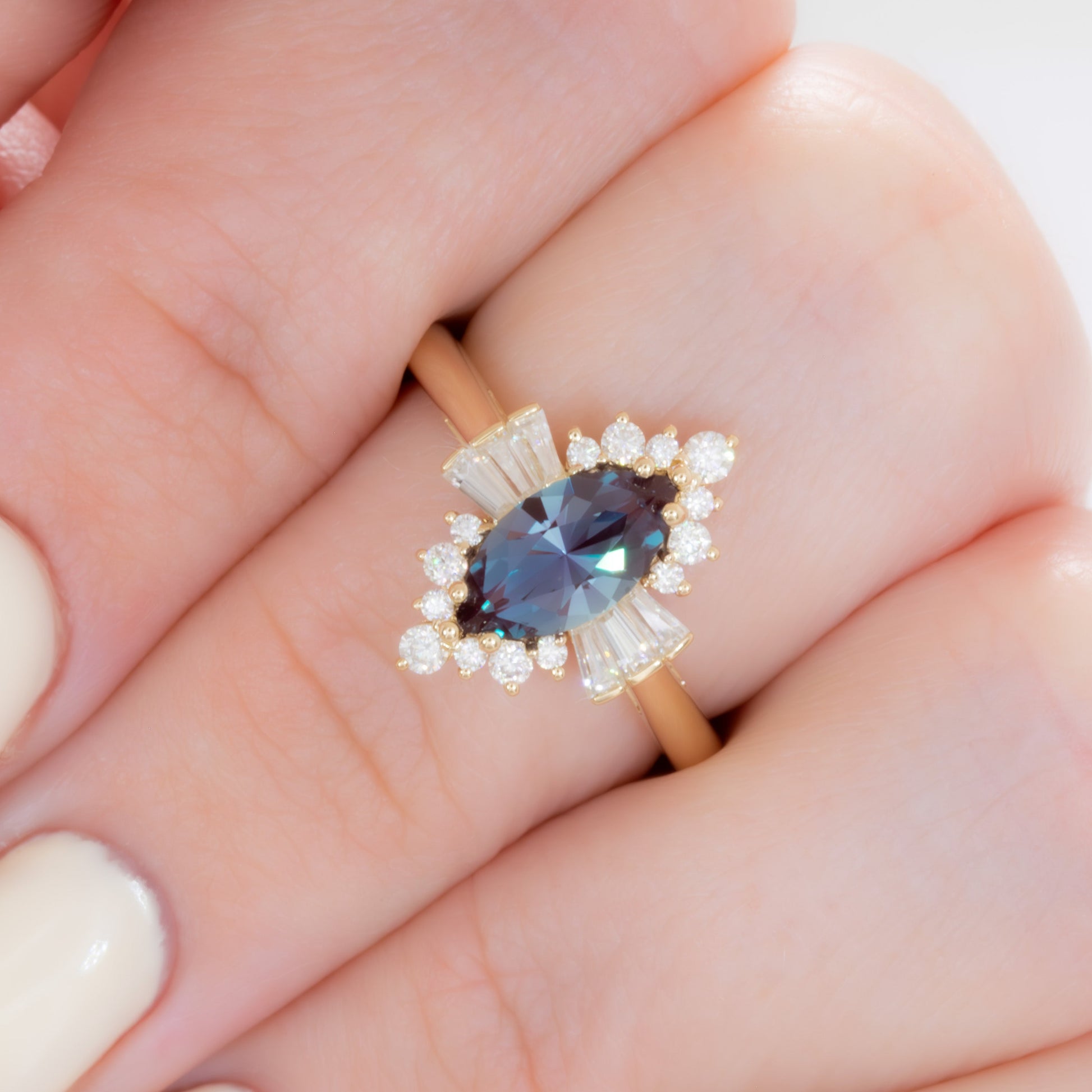 celeste art deco halo engagement ring with marquise lab alexandrite