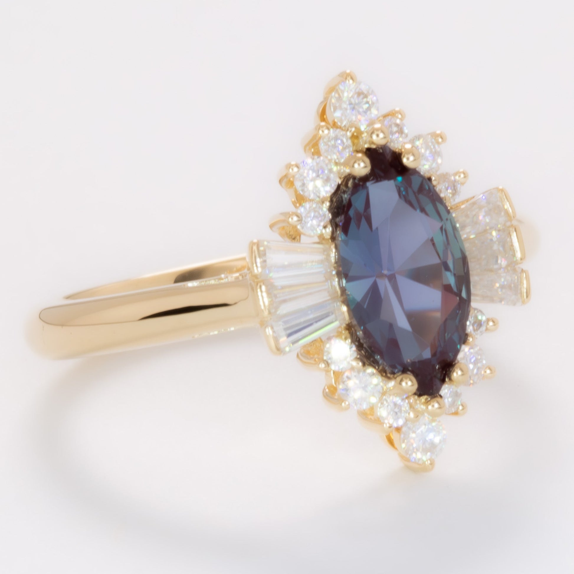 celeste art deco halo engagement ring with marquise lab alexandrite