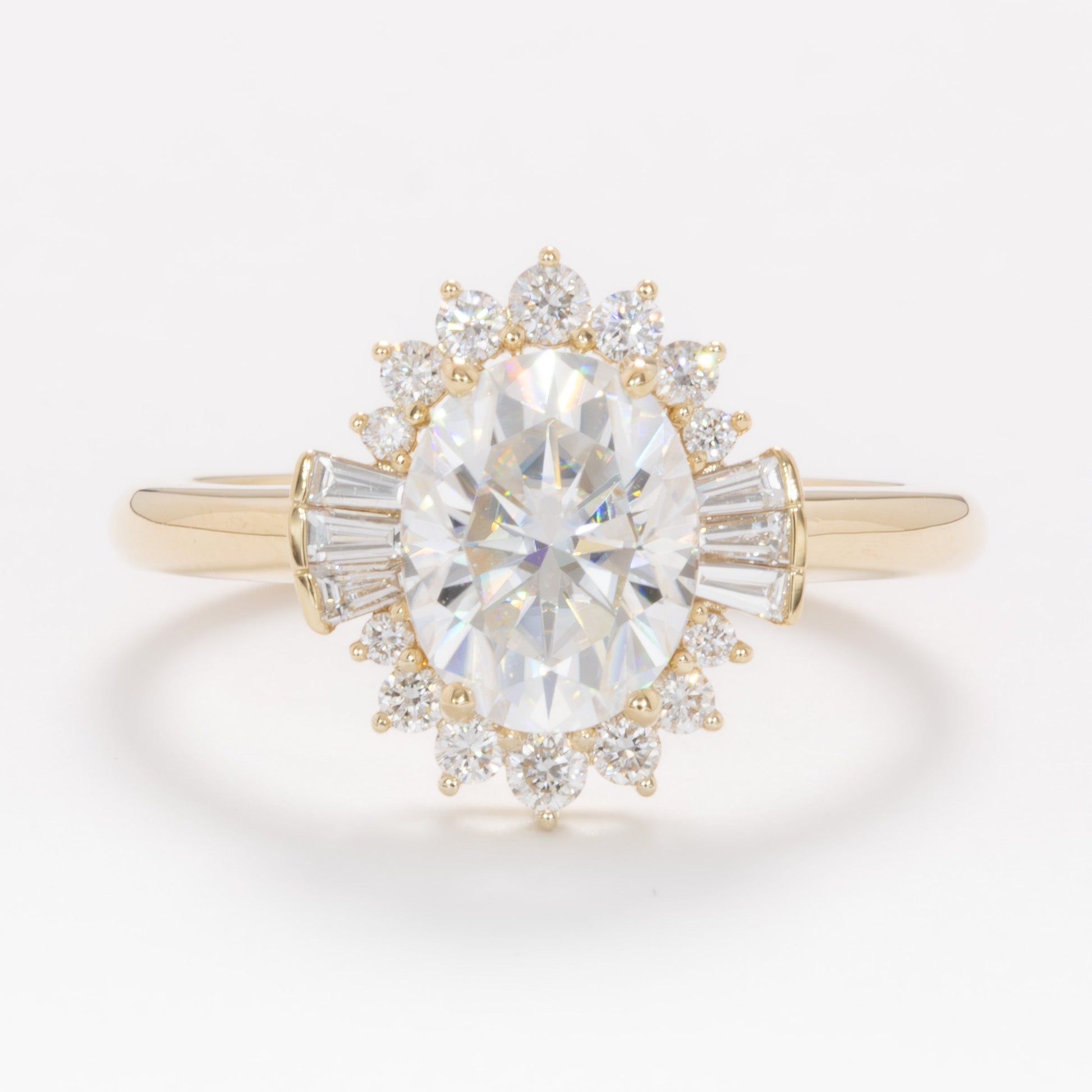 celeste vintage halo wedding set with oval white moissanite