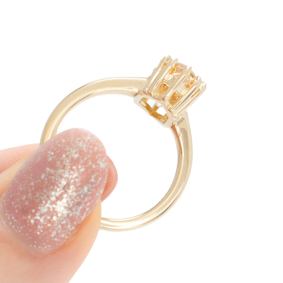 chandra solitaire ring in yellow gold with champagne dutch marquise moissanite