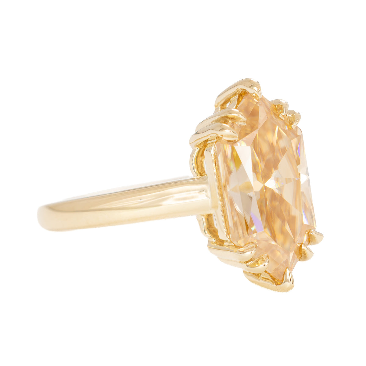 chandra solitaire ring in yellow gold with champagne dutch marquise moissanite