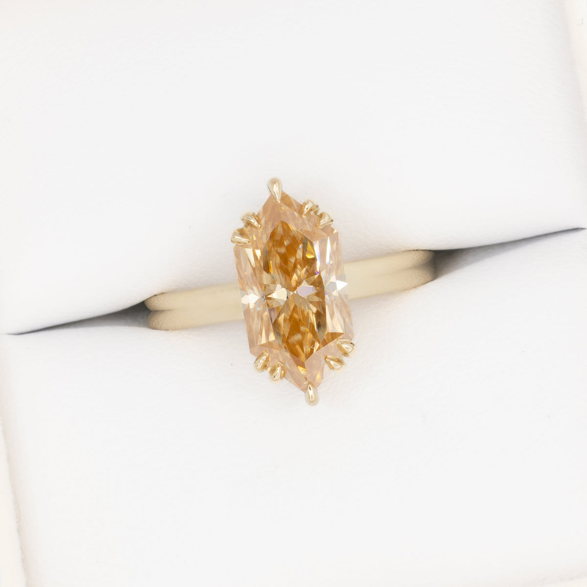 chandra solitaire ring in yellow gold with champagne dutch marquise moissanite