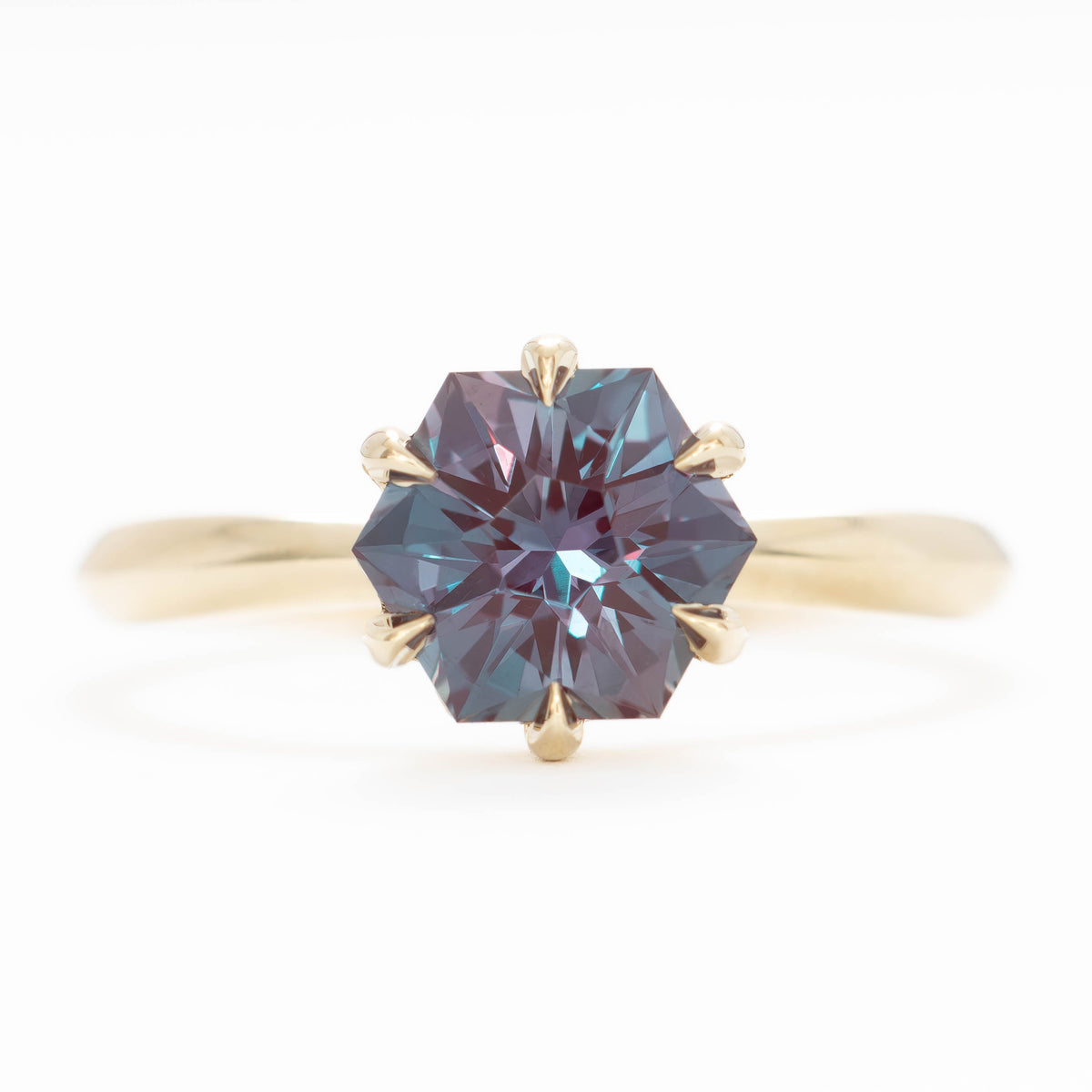 charlotte solitaire in yellow gold with hex cut lab alexandrite 