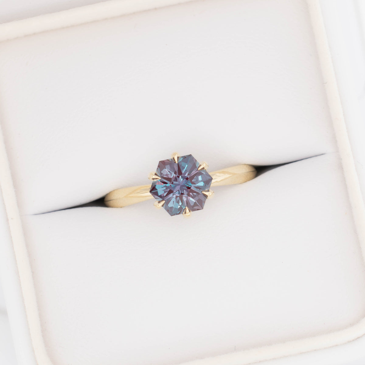 charlotte solitaire in yellow gold with hex cut lab alexandrite 