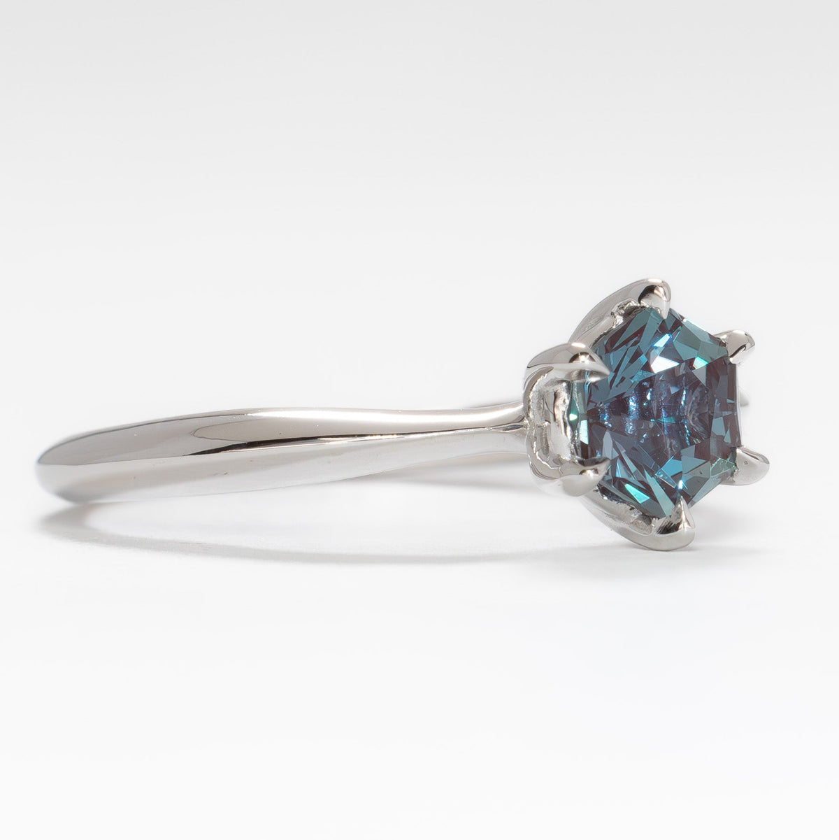 charlotte solitaire ring in white gold with hex lab alexandrite