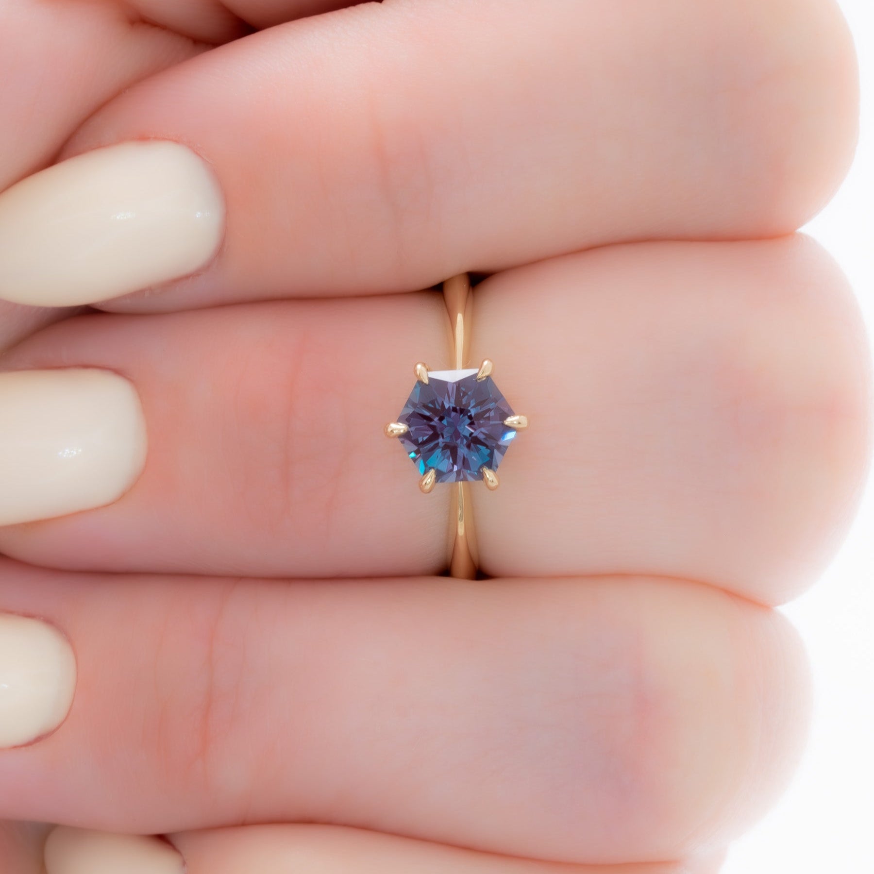 charlotte solitaire ring with hex cut lab alexandrite