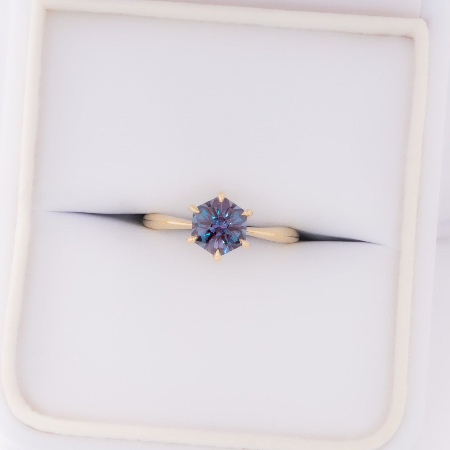 charlotte solitaire ring with hex cut lab alexandrite