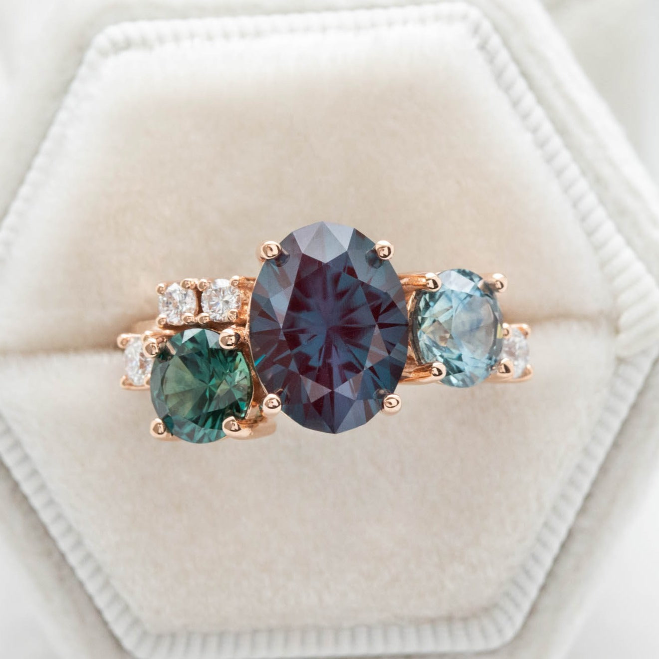 cluster ring with montana sapphires and lab alexandrite