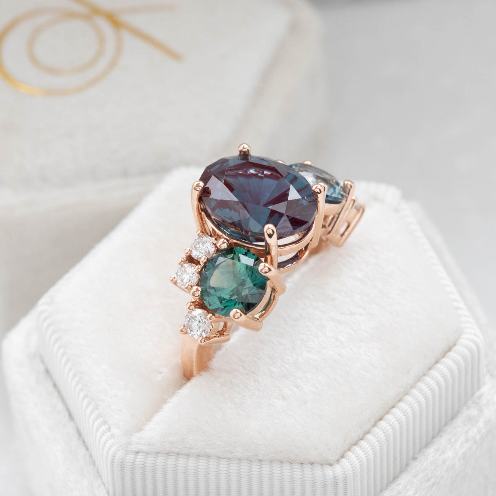 cluster ring with montana sapphires and lab alexandrite