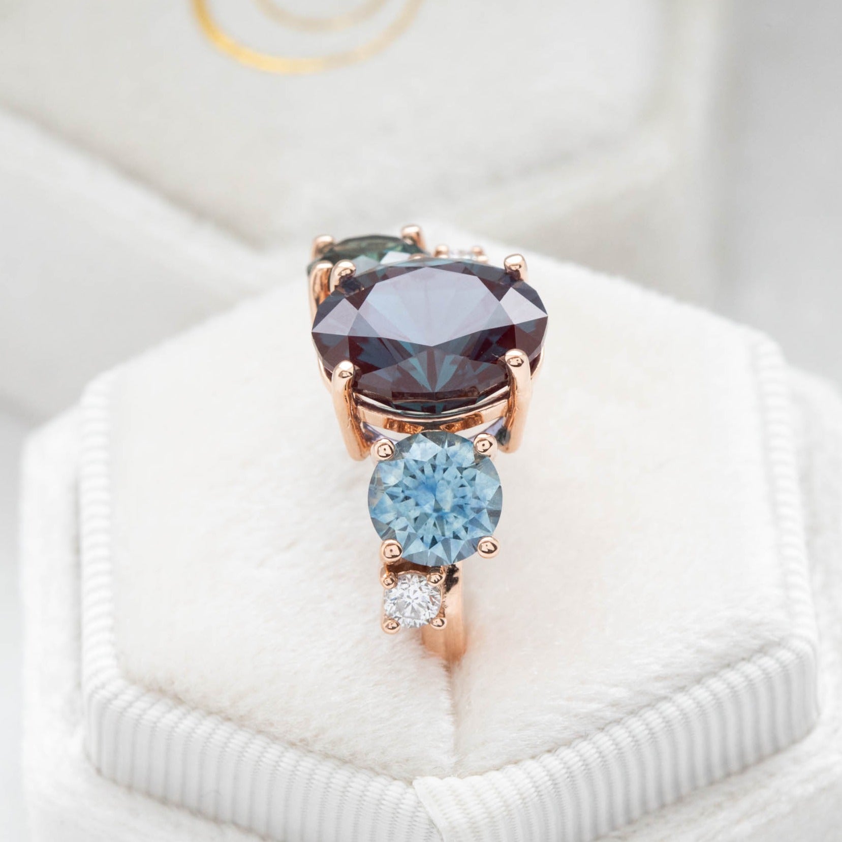 cluster ring with montana sapphires and lab alexandrite