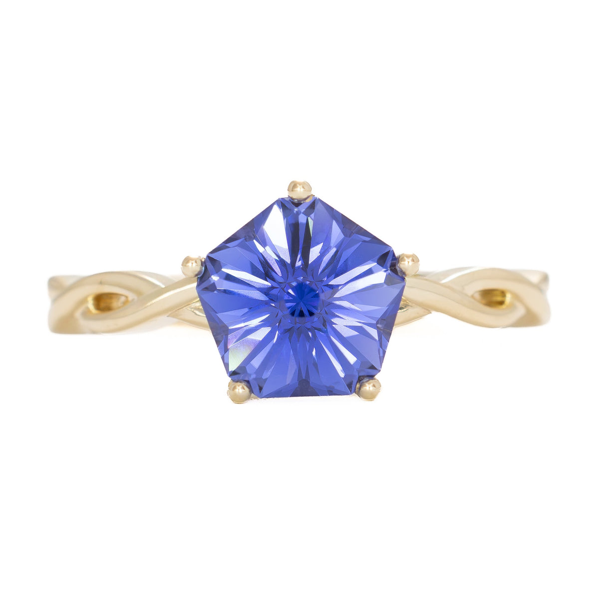 cressida solitaire ring with twisted band in yellow gold and hanami flower periwinkle blue lab sapphire