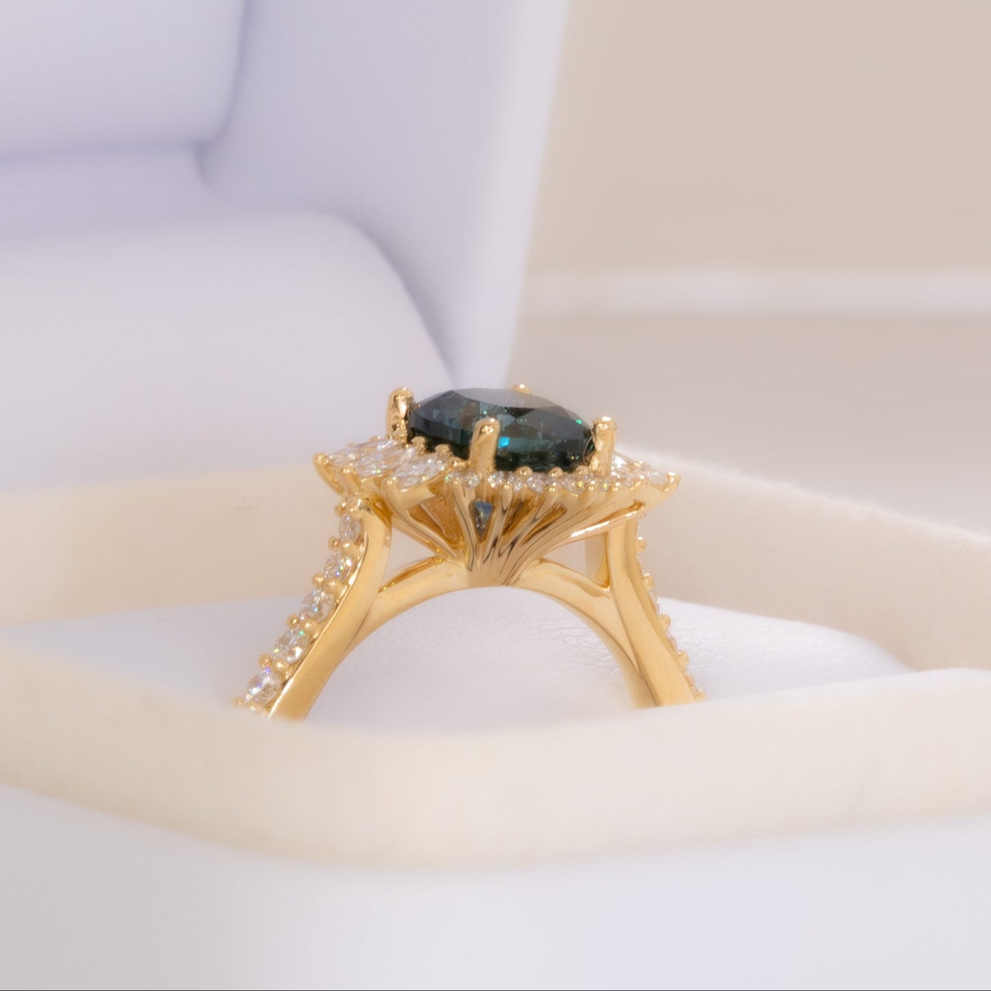 cushion montana sapphire halo wedding set in yellow gold