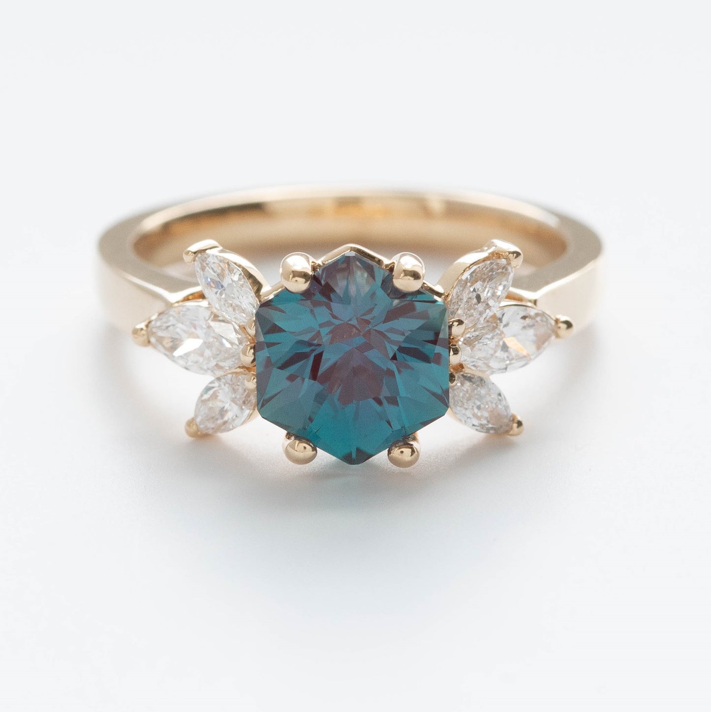lab alexandrite hex engagement ring with marquise lab diamonds