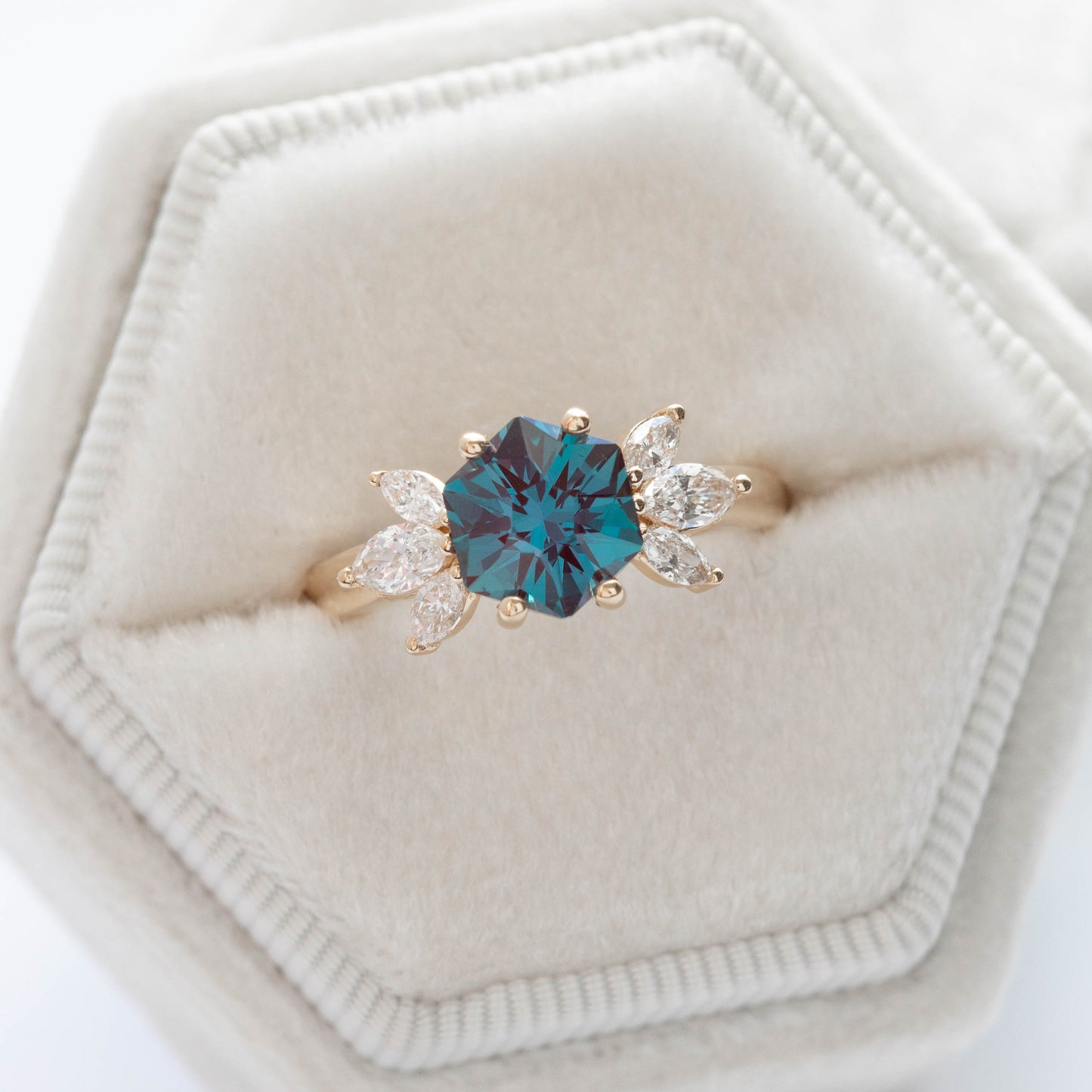lab alexandrite hex engagement ring with marquise lab diamonds