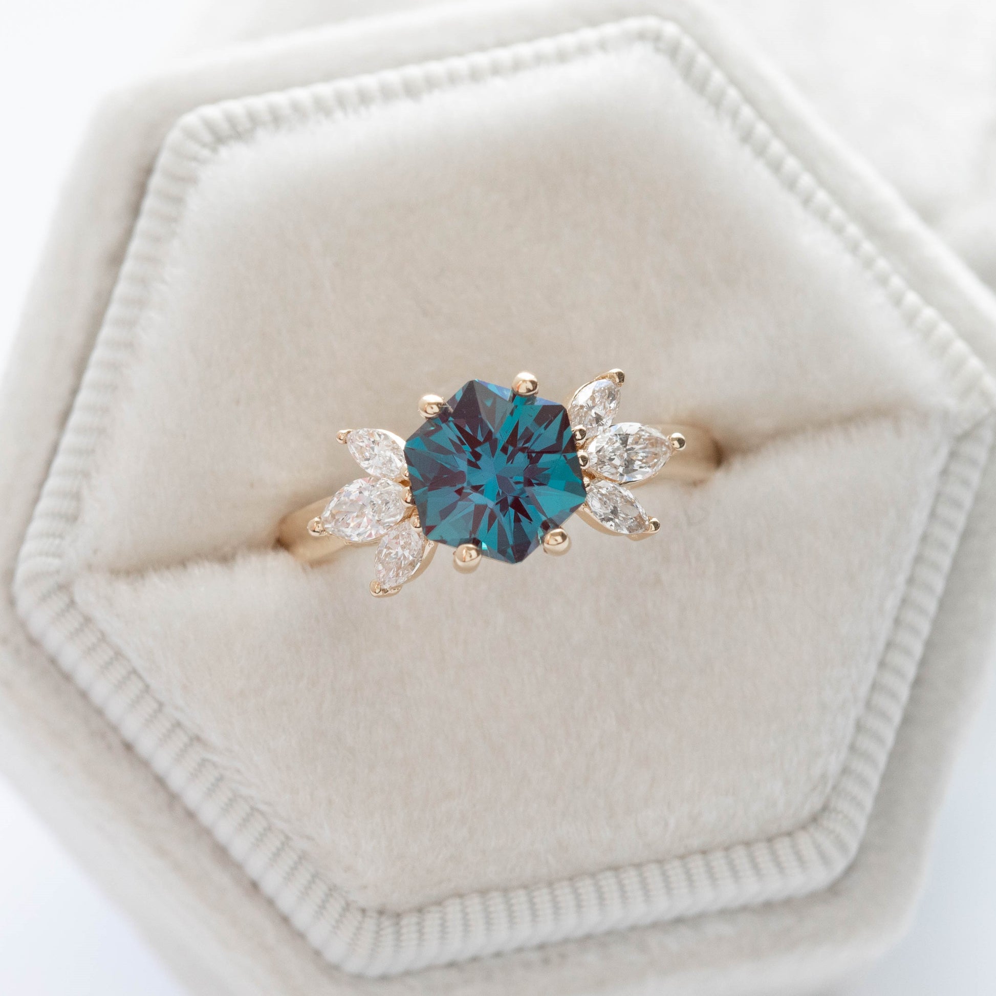 lab alexandrite hex engagement ring with marquise lab diamonds