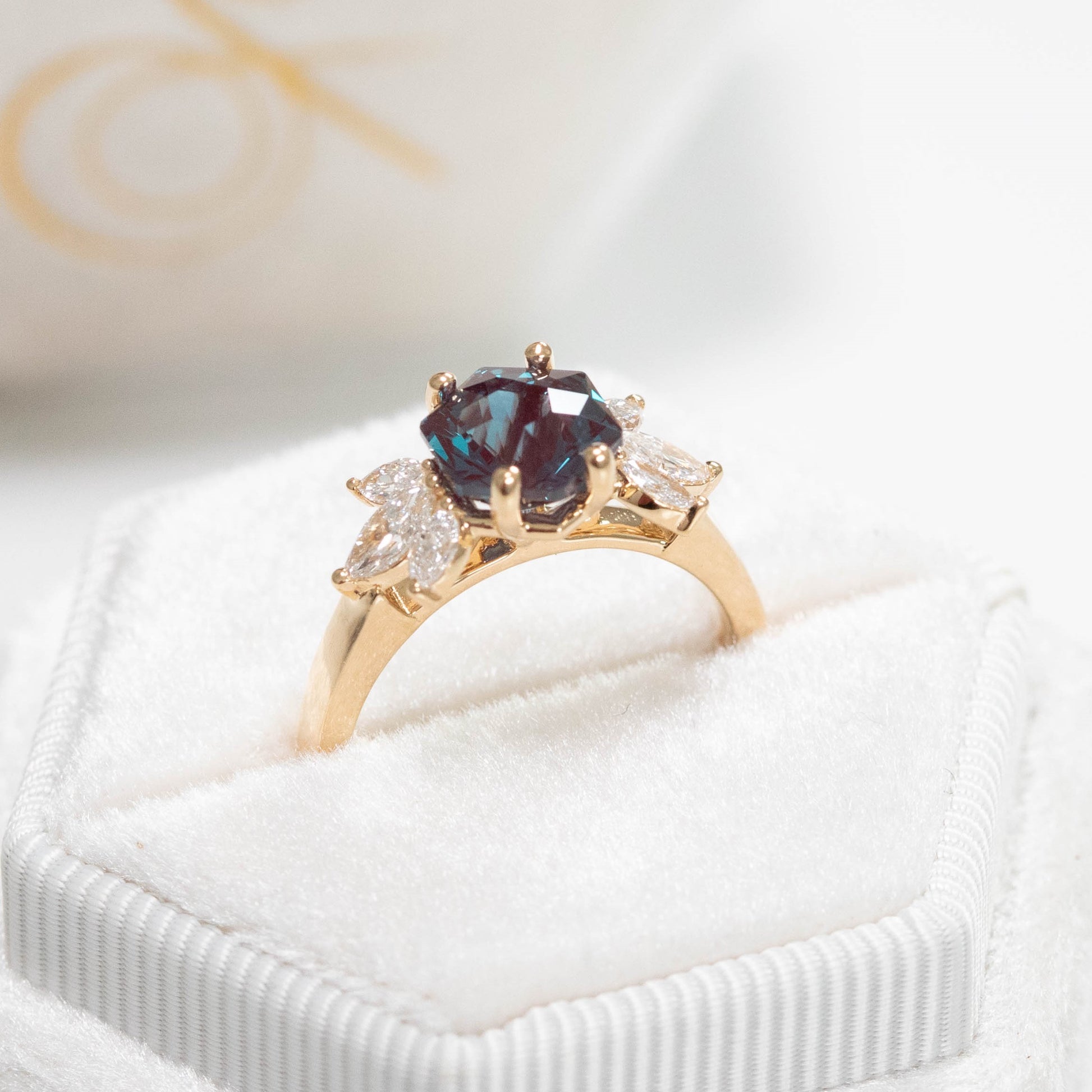 lab alexandrite hex engagement ring with marquise lab diamonds