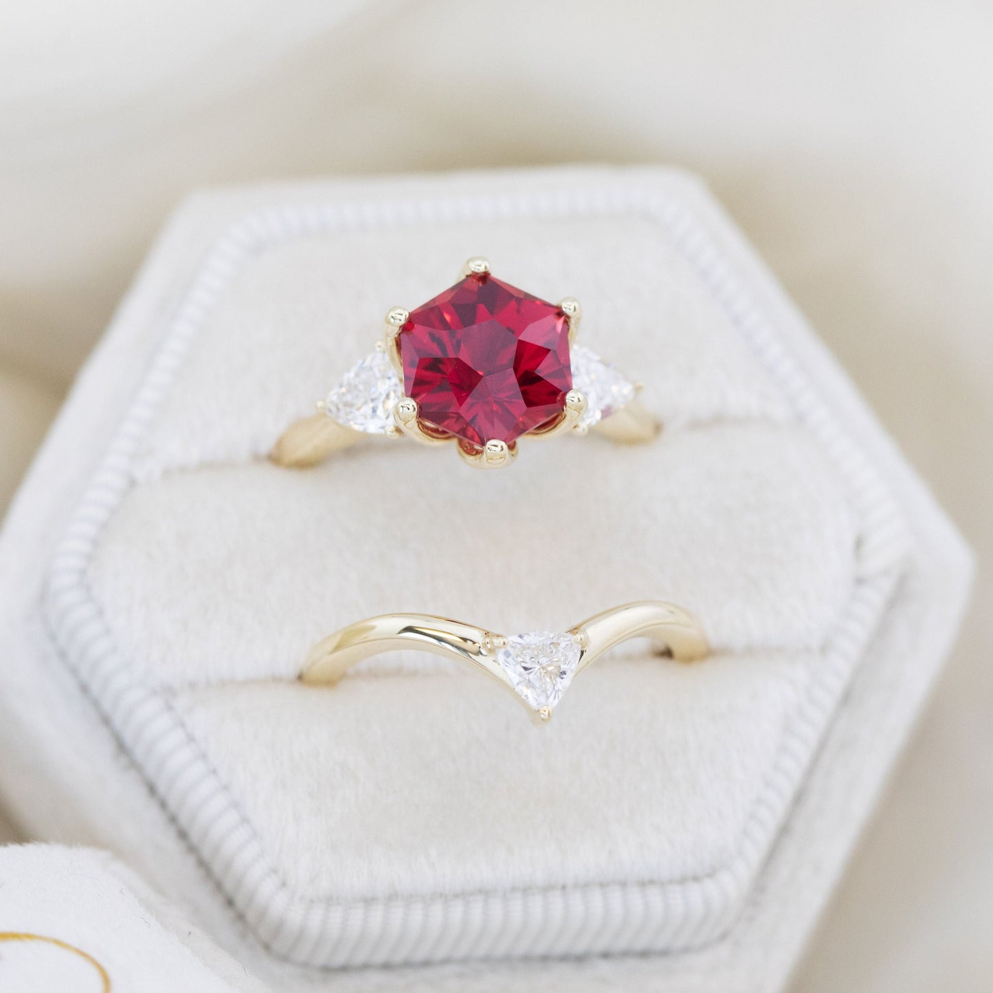 lab ruby engagement ring with trillion lab diamonds