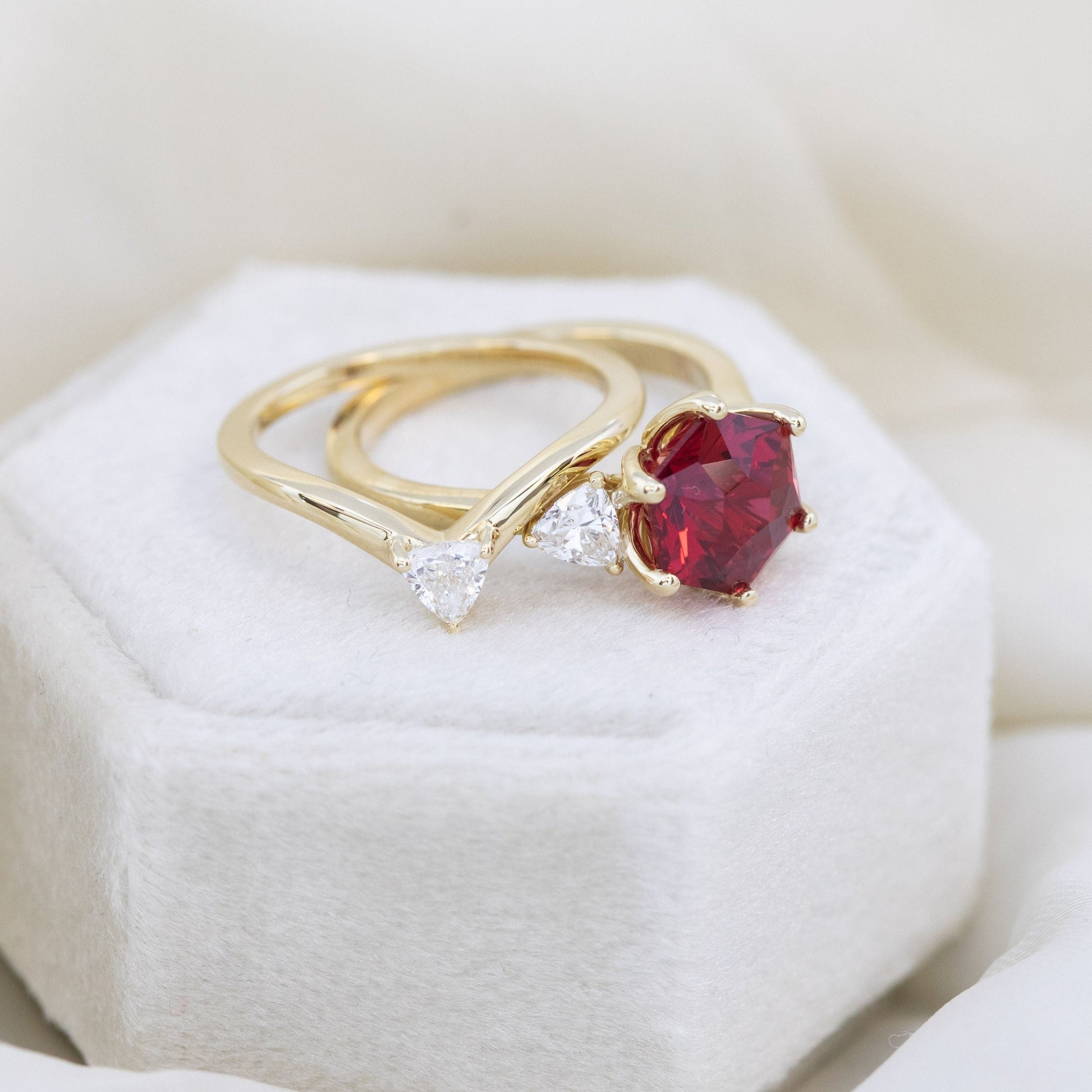lab ruby engagement ring with trillion lab diamonds