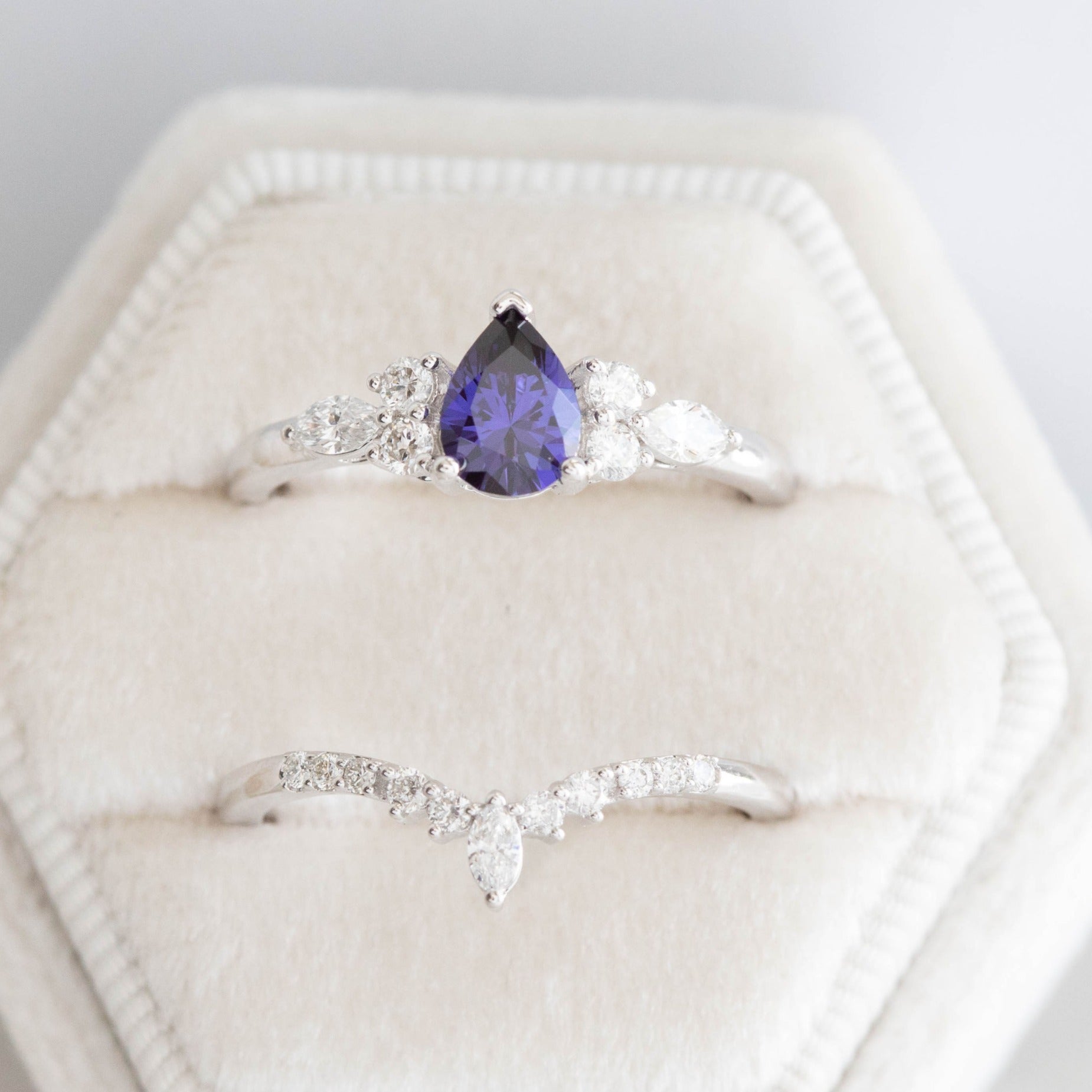 pear lab sapphire engagement ring with lab diamonds