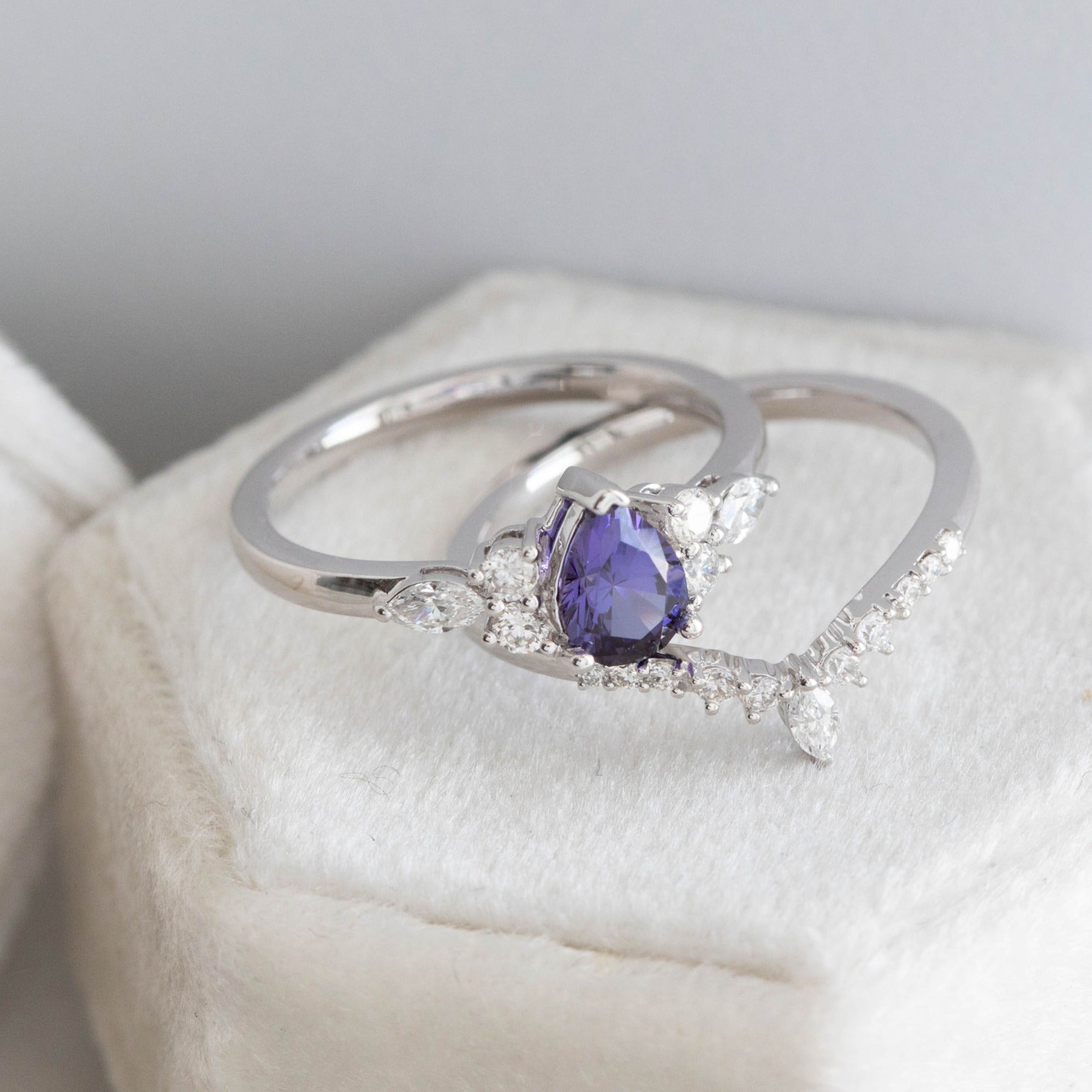 pear lab sapphire engagement ring with lab diamonds