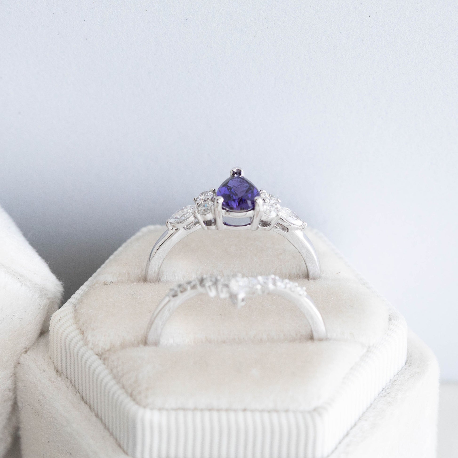 pear lab sapphire engagement ring with lab diamonds