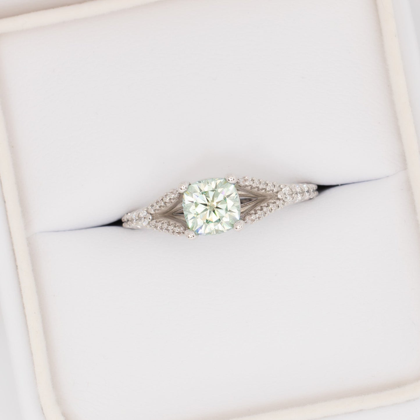 cyres split shank engagement ring with cushion moissanite