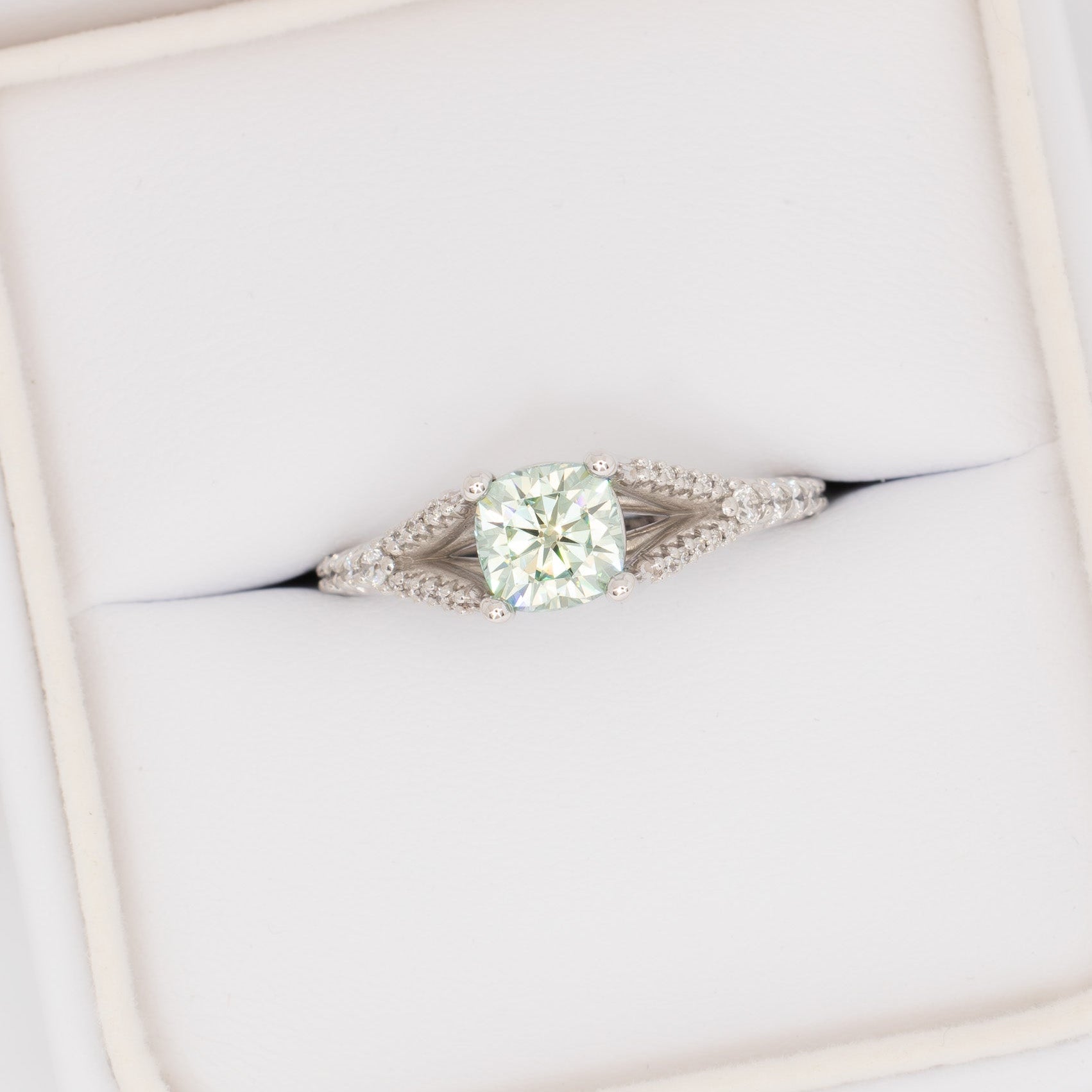 cyres split shank engagement ring with cushion moissanite