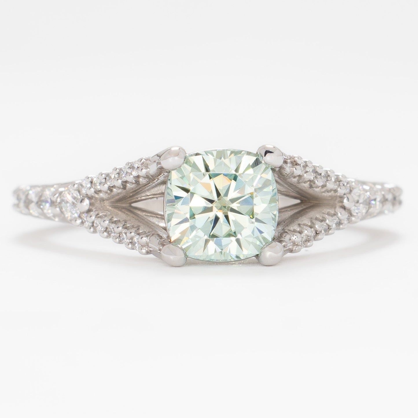 cyres split shank engagement ring with cushion moissanite