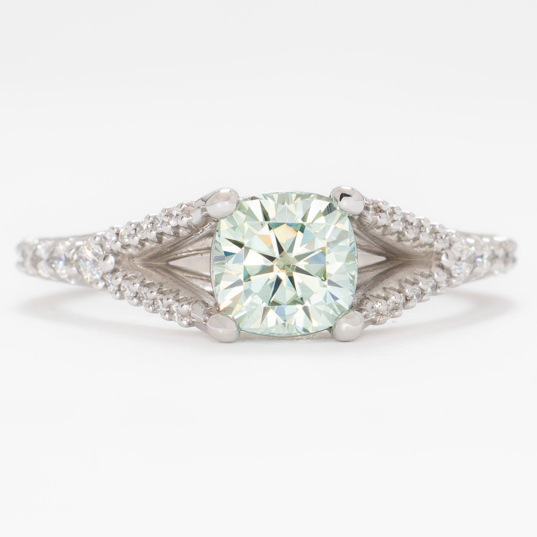 cyres split shank engagement ring with cushion moissanite