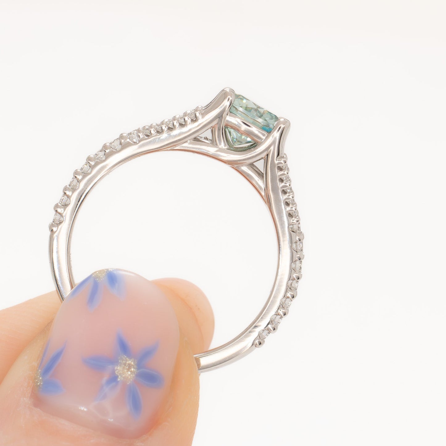 cyres split shank engagement ring with cushion moissanite