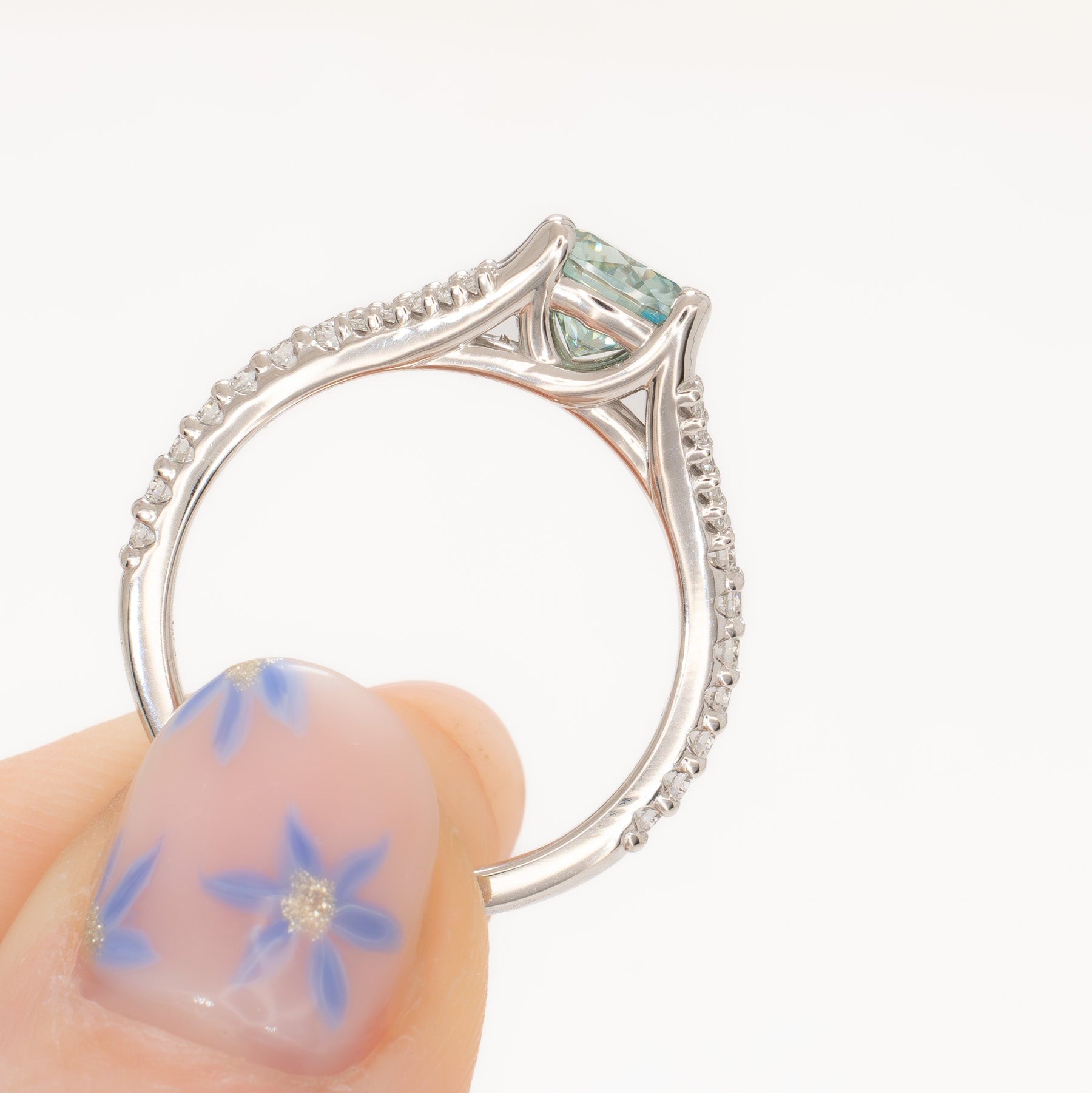 cyres split shank engagement ring with cushion moissanite