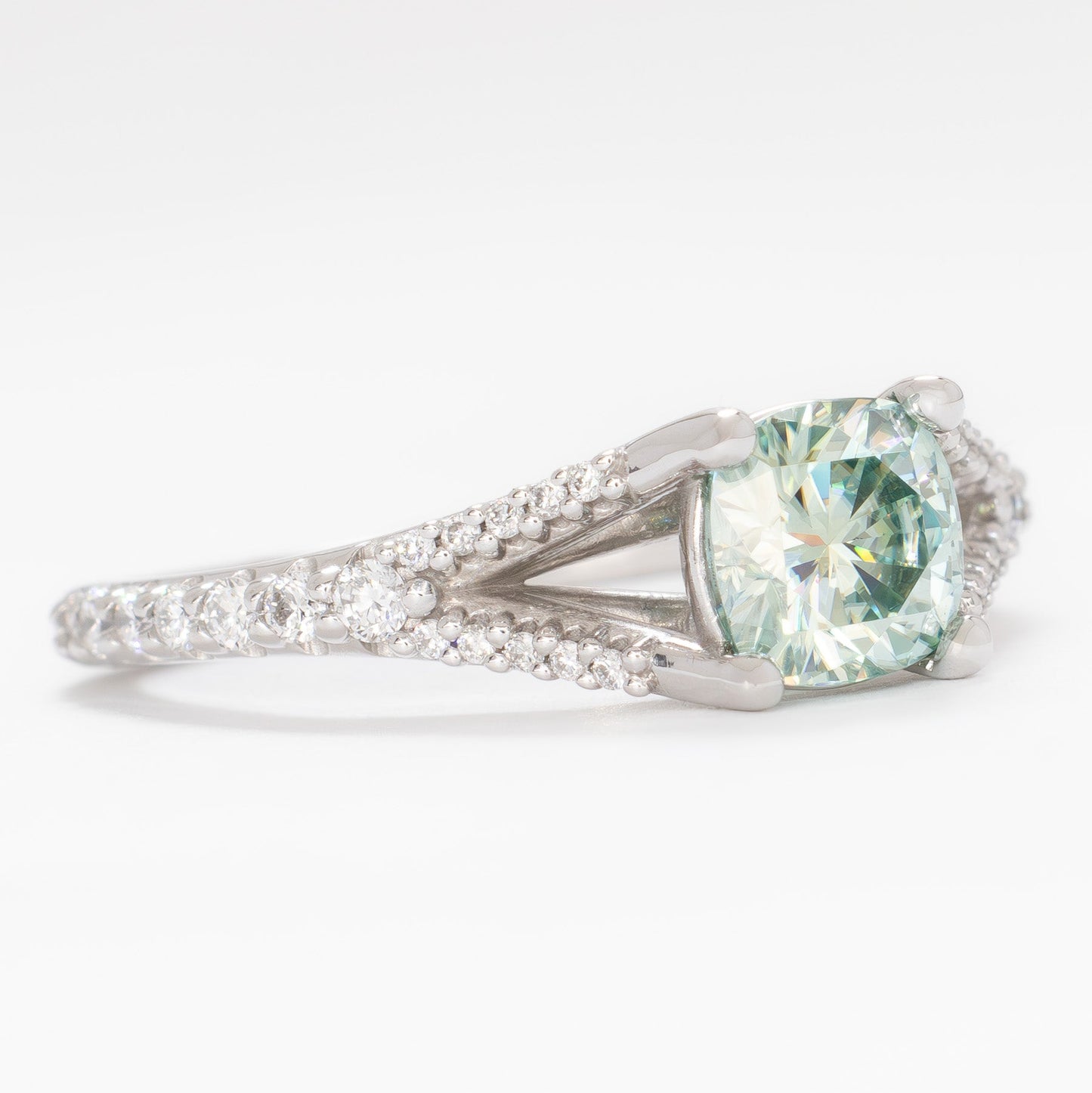 cyres split shank engagement ring with cushion moissanite