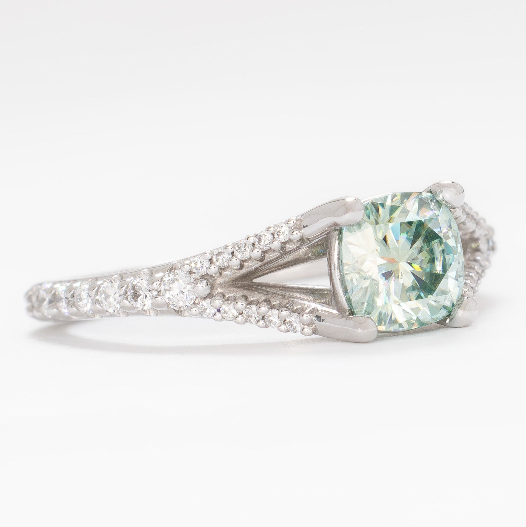 cyres split shank engagement ring with cushion moissanite