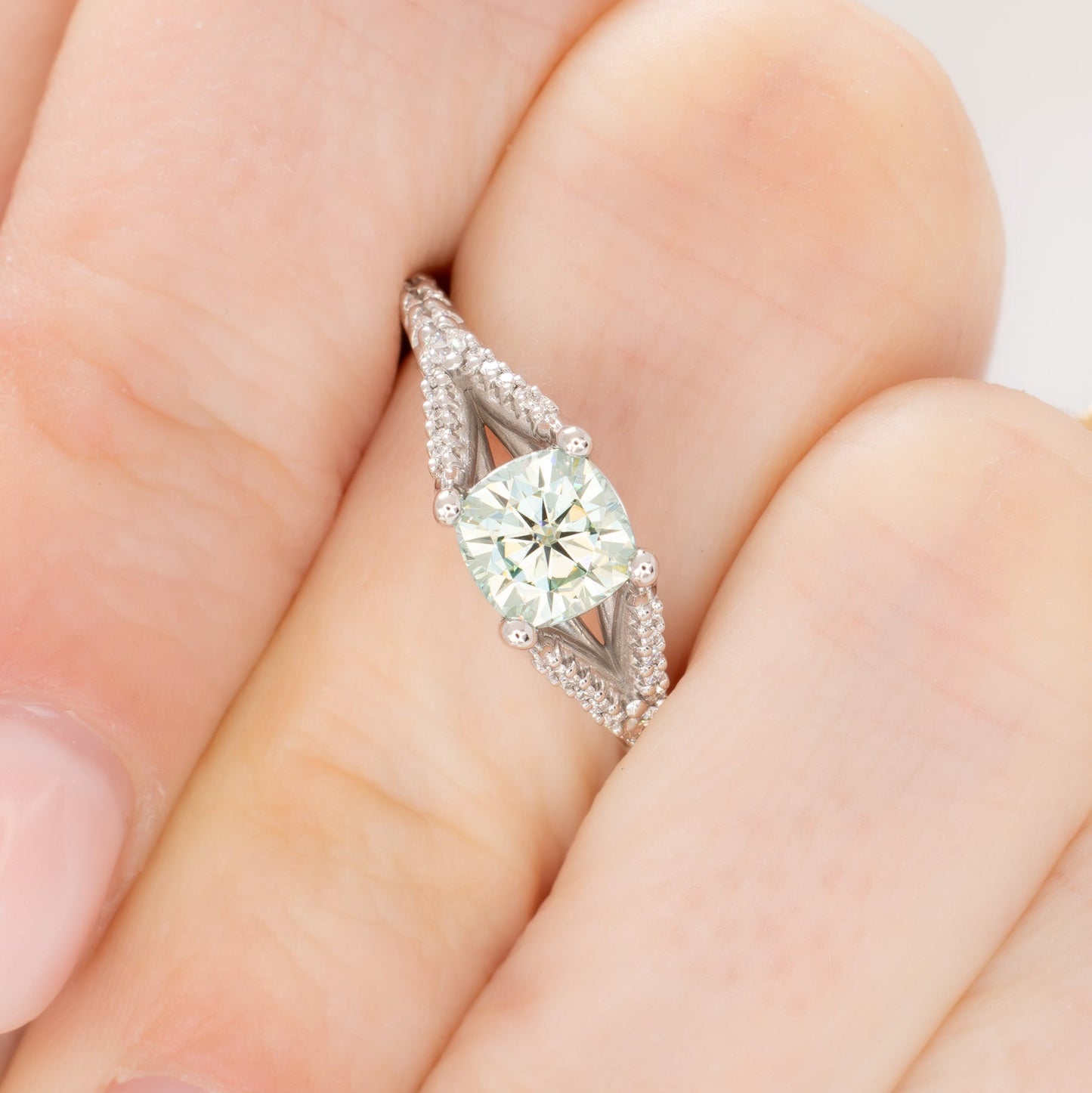cyres split shank engagement ring with cushion moissanite