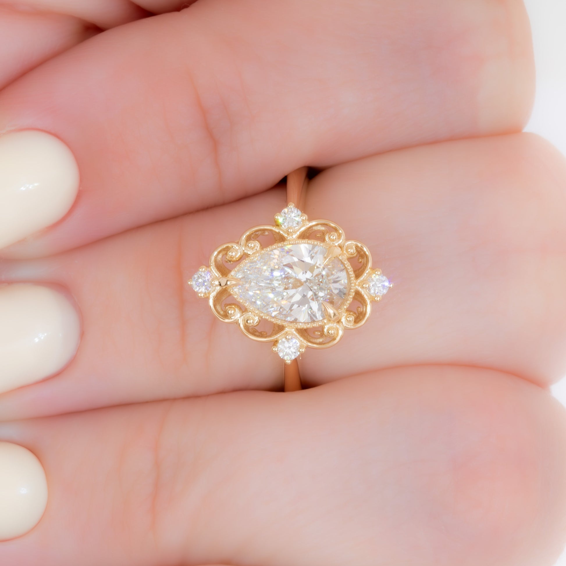 dahlia art deco engagement ring with pear lab diamond