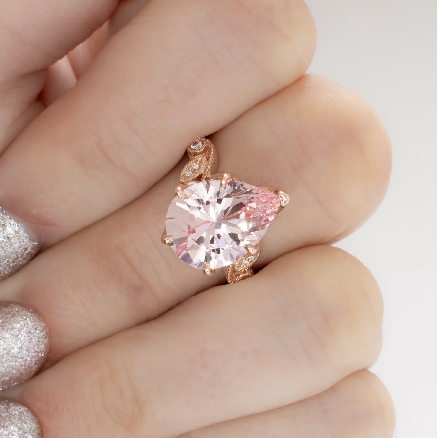 dahlia rose gold engagement ring with pink lab sapphire pear